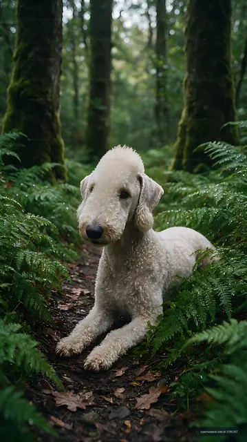 Curly-coated cream dog resting on a forest path