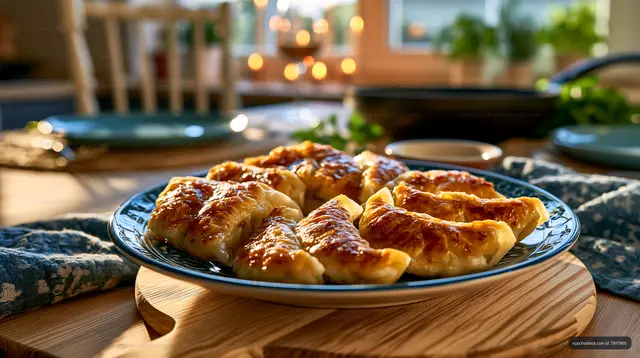 Close-up of golden baked dumplings on a blue plate