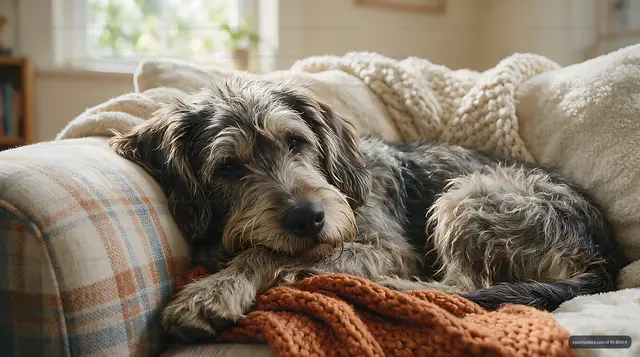 Long-haired dog relaxing among blankets at home
