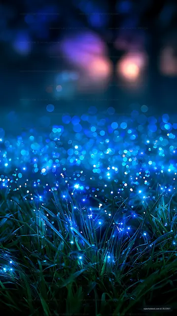 Abstract blue light bokeh over grass at night