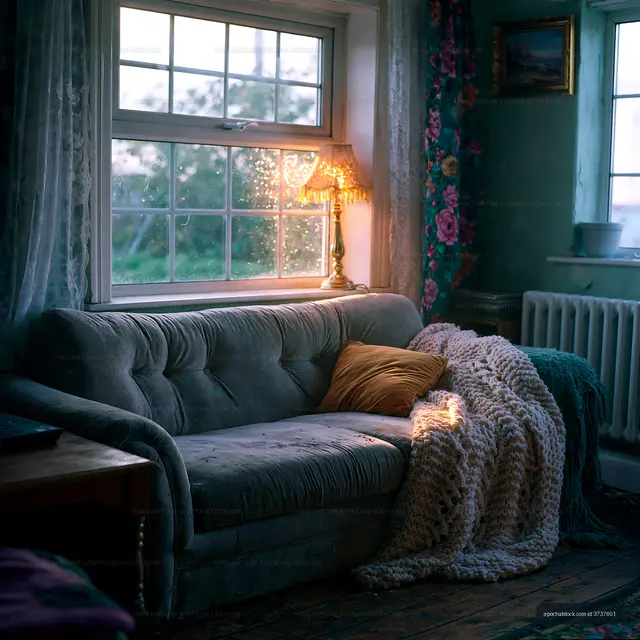 Warm and peaceful living room interior by a rainy window
