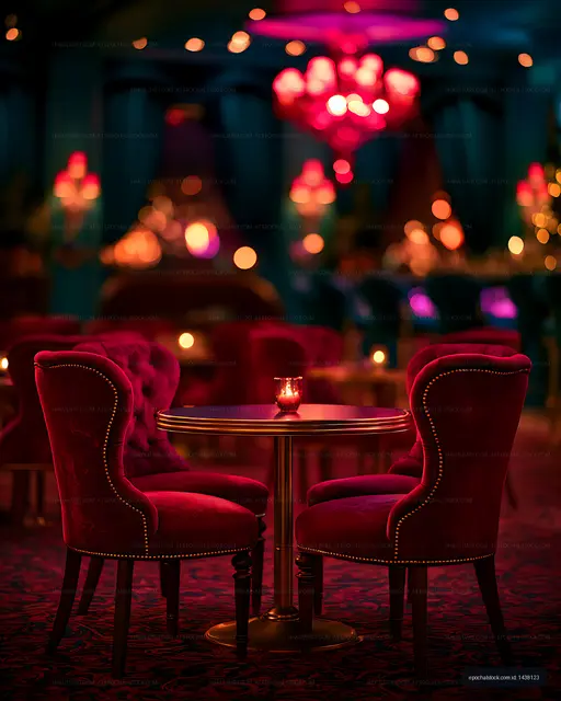 Atmospheric red seating with candle and colorful bokeh lights
