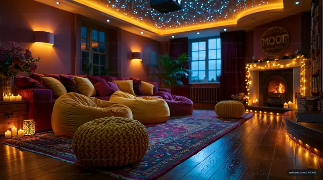 Inviting living room decorated with candles and glowing fireplace
