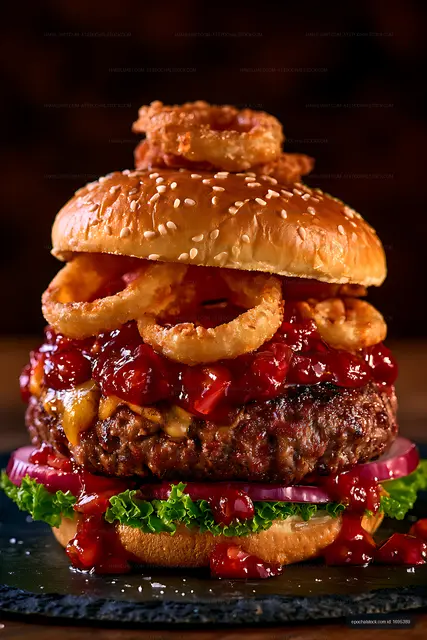 Close-up gourmet burger with sesame bun and onion rings