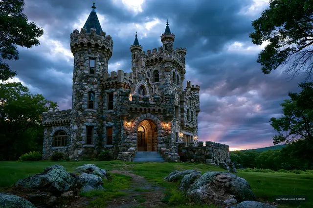 Historic stone castle surrounded by trees at dusk