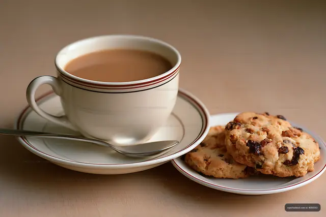 Warm tea and cookies arranged on tableware