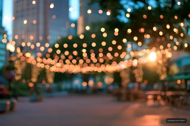 Defocused Decorative Lights Across an Urban Walkway