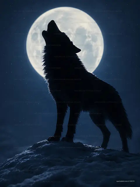 Wolf howls at the full moon on a snowy landscape