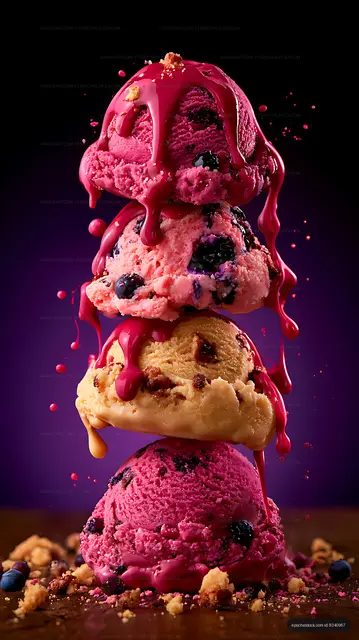 Berry ice cream tower with dripping pink topping