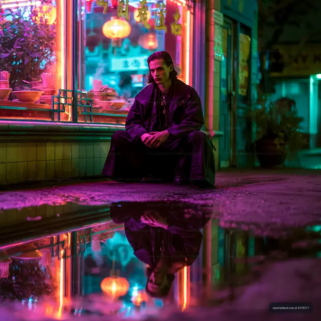 Neon-Lit Person Sitting by Restaurant Window