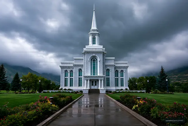 White steepled church in a mountain landscape after rain