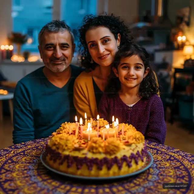 Family portrait with decorated birthday cake and glowing candles