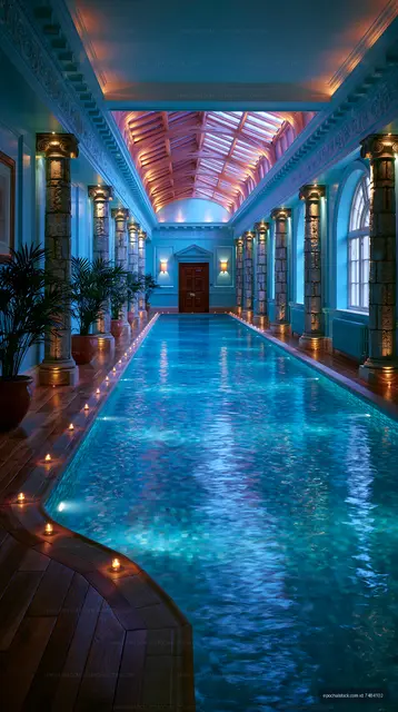 Ornate indoor swimming pool with blue illuminated water