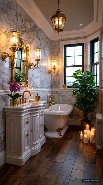 Ornate bathroom with marble walls, tub, plants, and candles