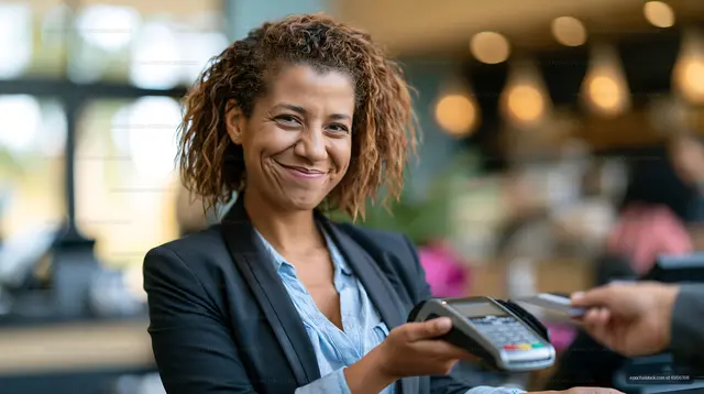Woman smiling during a contactless payment at a cafe