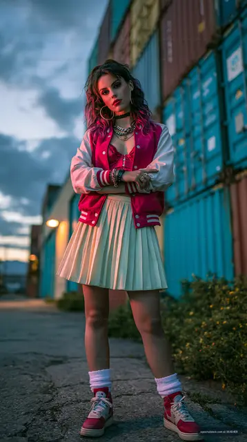 Colorful urban fashion portrait beside containers