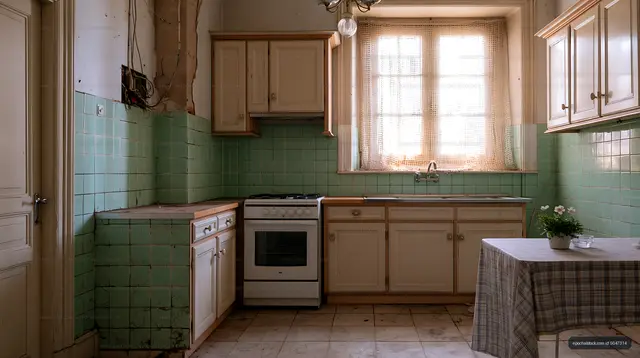 Aged green-tiled kitchen illuminated by window light
