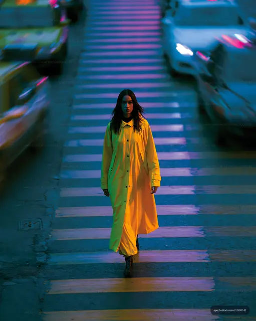 Yellow-coated woman on a neon-lit city crosswalk