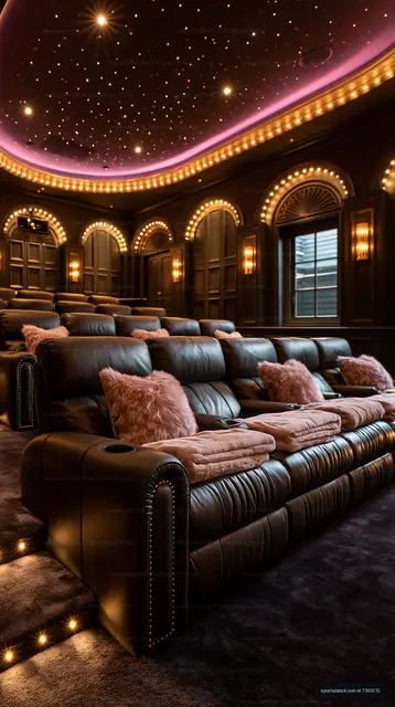 Cozy luxury theater room with starry ceiling and plush seats