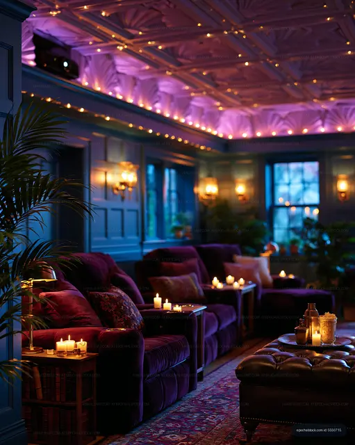 Moody purple lounge illuminated by candles and fairy lights