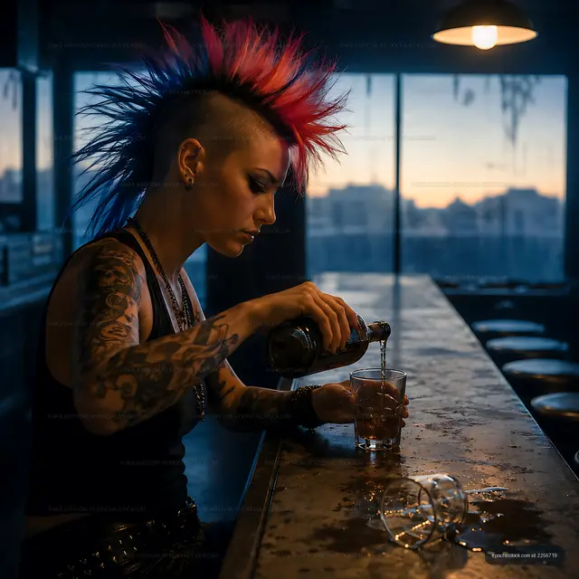 Woman with mohawk haircut pouring drink at bar during sunset