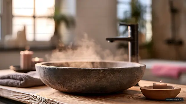 Warm spa bathroom with a steaming vessel sink