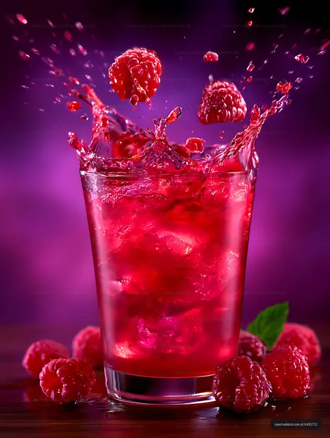 Red raspberry juice splash in a clear glass