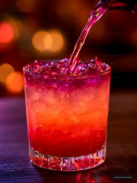 Dramatic close-up of red cocktail being poured