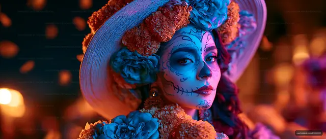 Vivid Woman Portrait with Floral Headwear and Painted Face