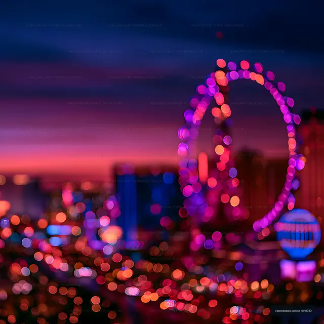 Neon bokeh lights forming an abstract balloon shape