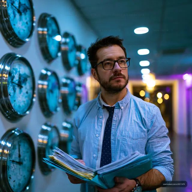 Man reading an open book among decorative clocks