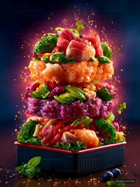 Dramatic colorful seafood and vegetable rice bowl