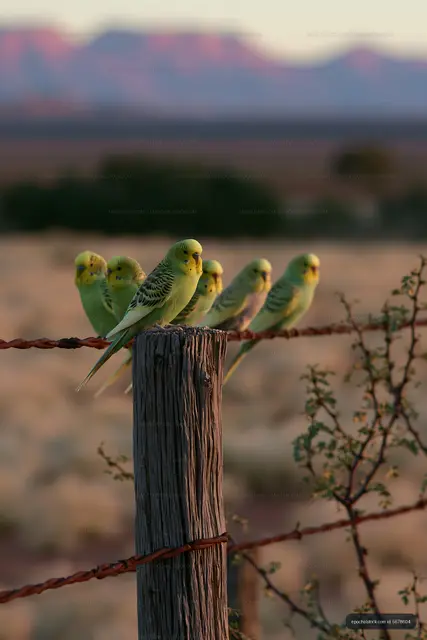 Flock of Budgerigars on a Post in Dry Country