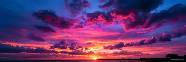 Dramatic pink and purple cloudscape over the sea at sunset