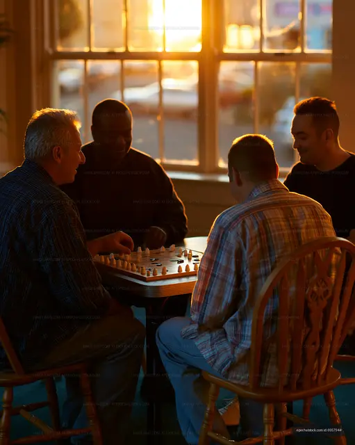Friends playing chess during sunset at a cozy indoor setting
