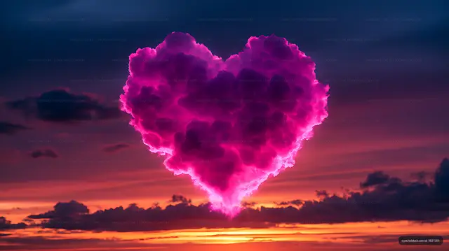 Magenta heart-shaped cloud glowing over sunset clouds