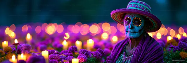 Vivid skeletal face paint portrait with candles and flowers
