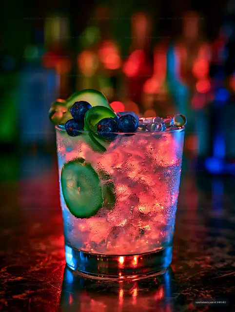 Blueberry and lime cocktail with vivid colorful lighting