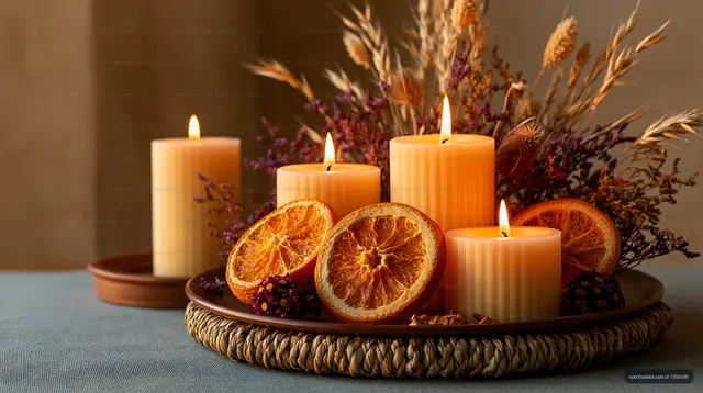 Lit orange candles and dried citrus floral arrangement