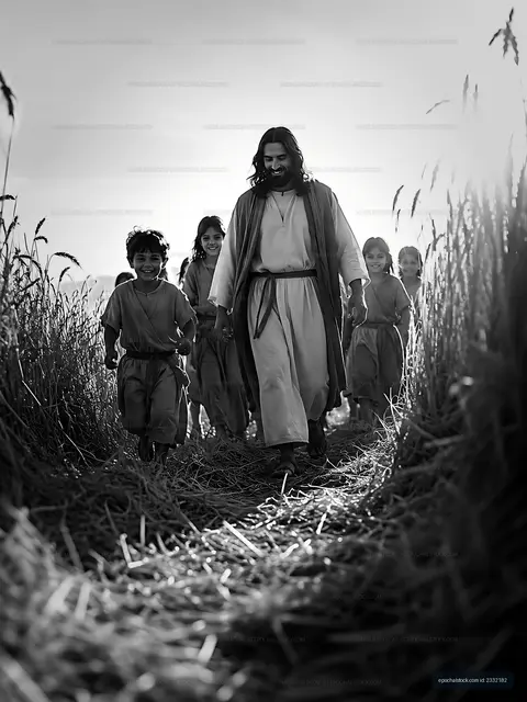Jesus walking with children in a field during the day