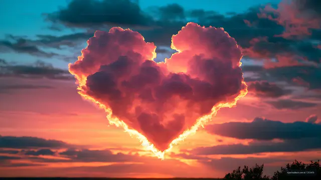 Glowing heart-shaped cloud over a vivid sunset sky
