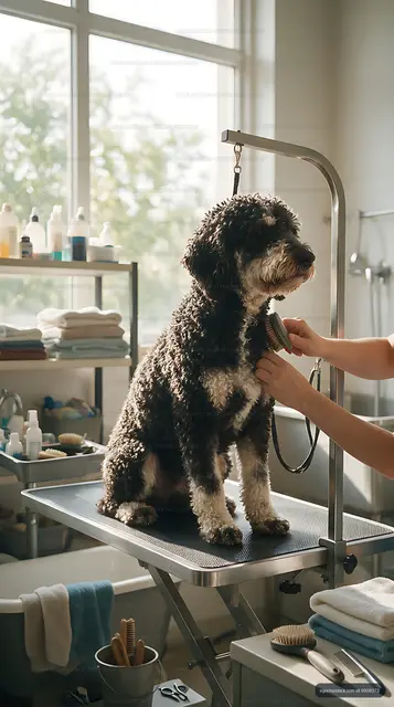 Curly-coated dog receiving professional grooming