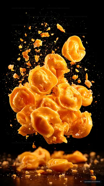 Dramatic close-up of orange tortellini in motion