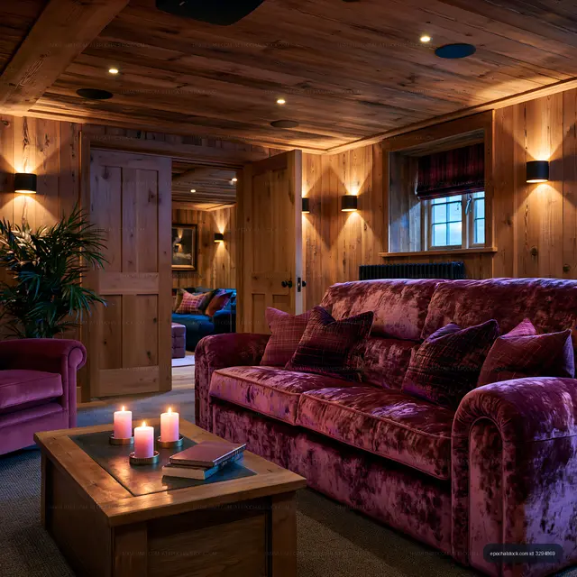 Elegant wood-paneled lounge with velvet furnishings and candlelight