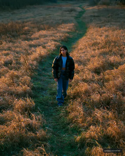 Woman Walking Through a Sunlit Grass Field