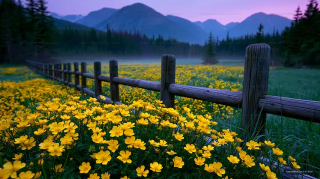 Wildflower meadow with rustic fence and distant mountains