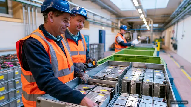 Workers organizing batteries in a facility