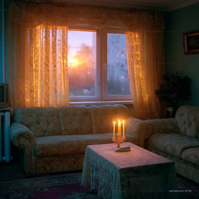 Candlelit living room at sunset