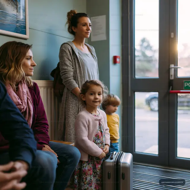 Family waiting near a doorway with children and luggage