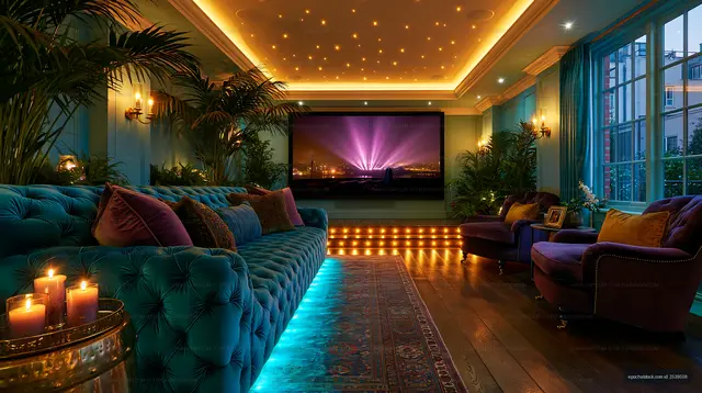 Cozy luxury lounge with home cinema and decorative lighting